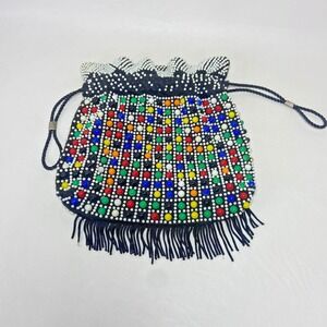 Vintage Beaded Cinch Purse Fringed  Bag 1970's Candy Dot‎ Drawstring Colorful